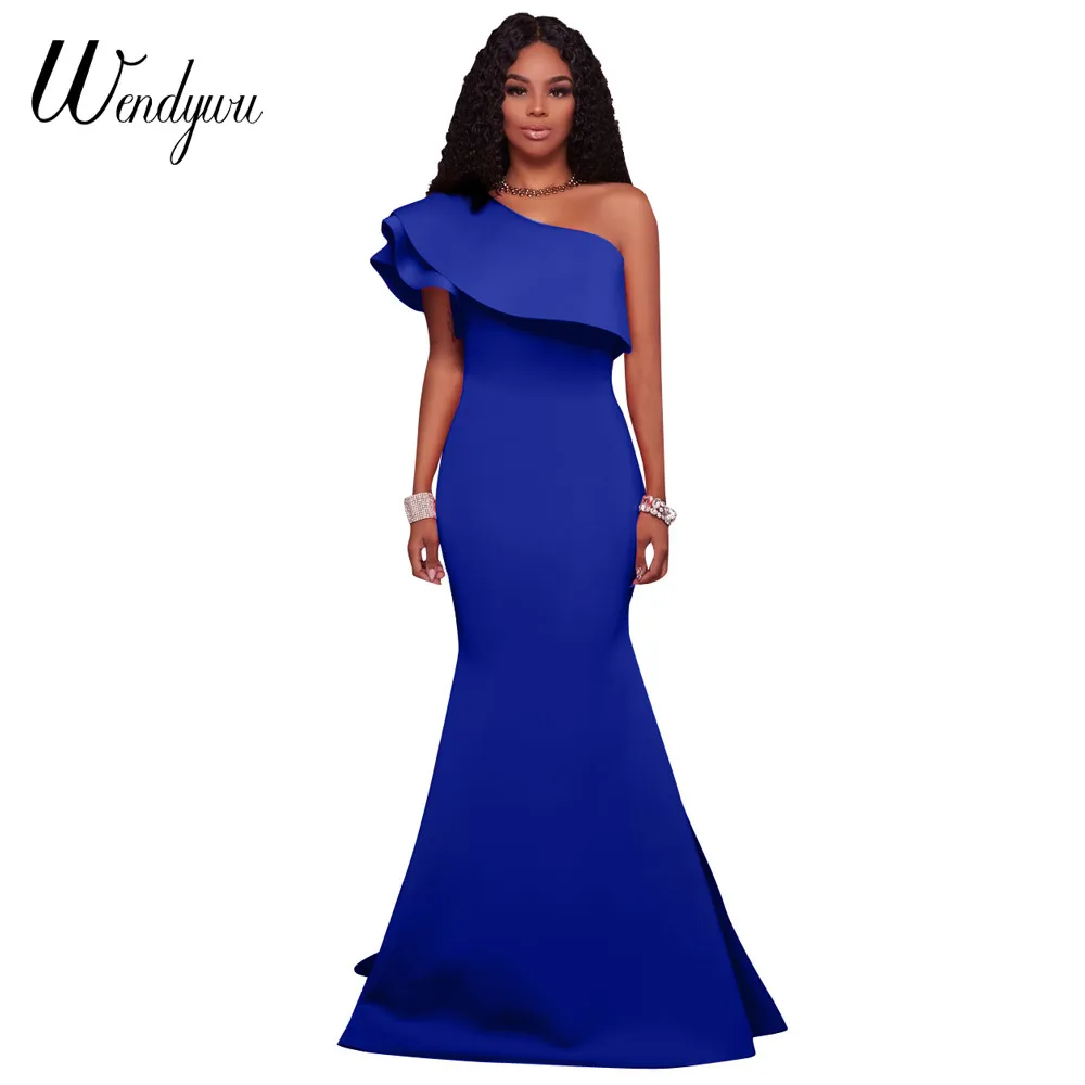 

Wendywu Elegant New Arrival One-Shoulder Solid Blue Ruffles Mermaid Long Dress for Women Prom