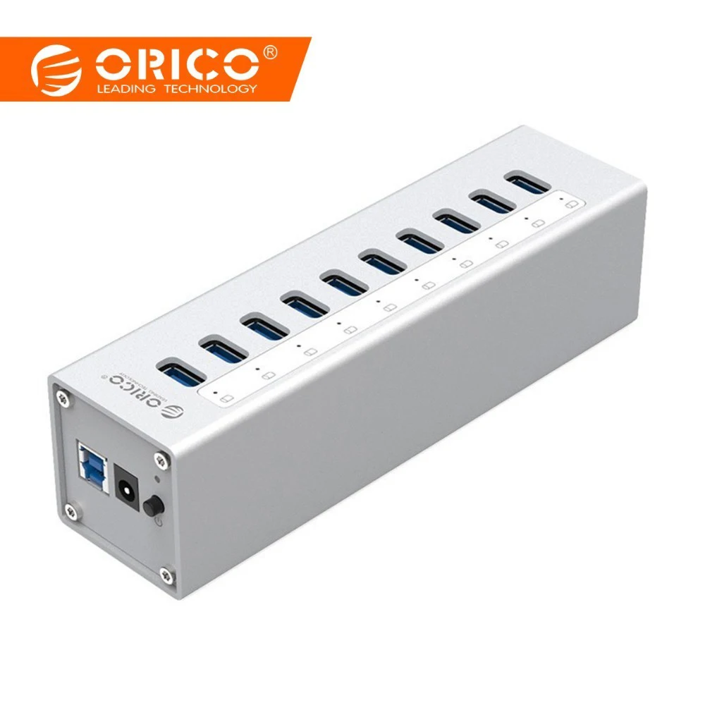 

ORICO Aluminum 10 Ports Multiple USB3.0 HUB with Power Adapter Interface 5G High Speed Splitter for PC Laptop for iMac Computer