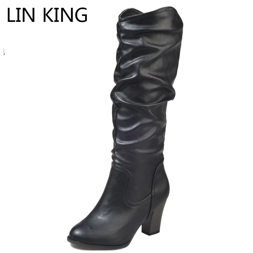 

LIN KING Plus Size Retro Women Mid Calf Winter Boots Warm Plush Western Knight Boots Lady Pointed Toe Martin Boots Bota Feminina