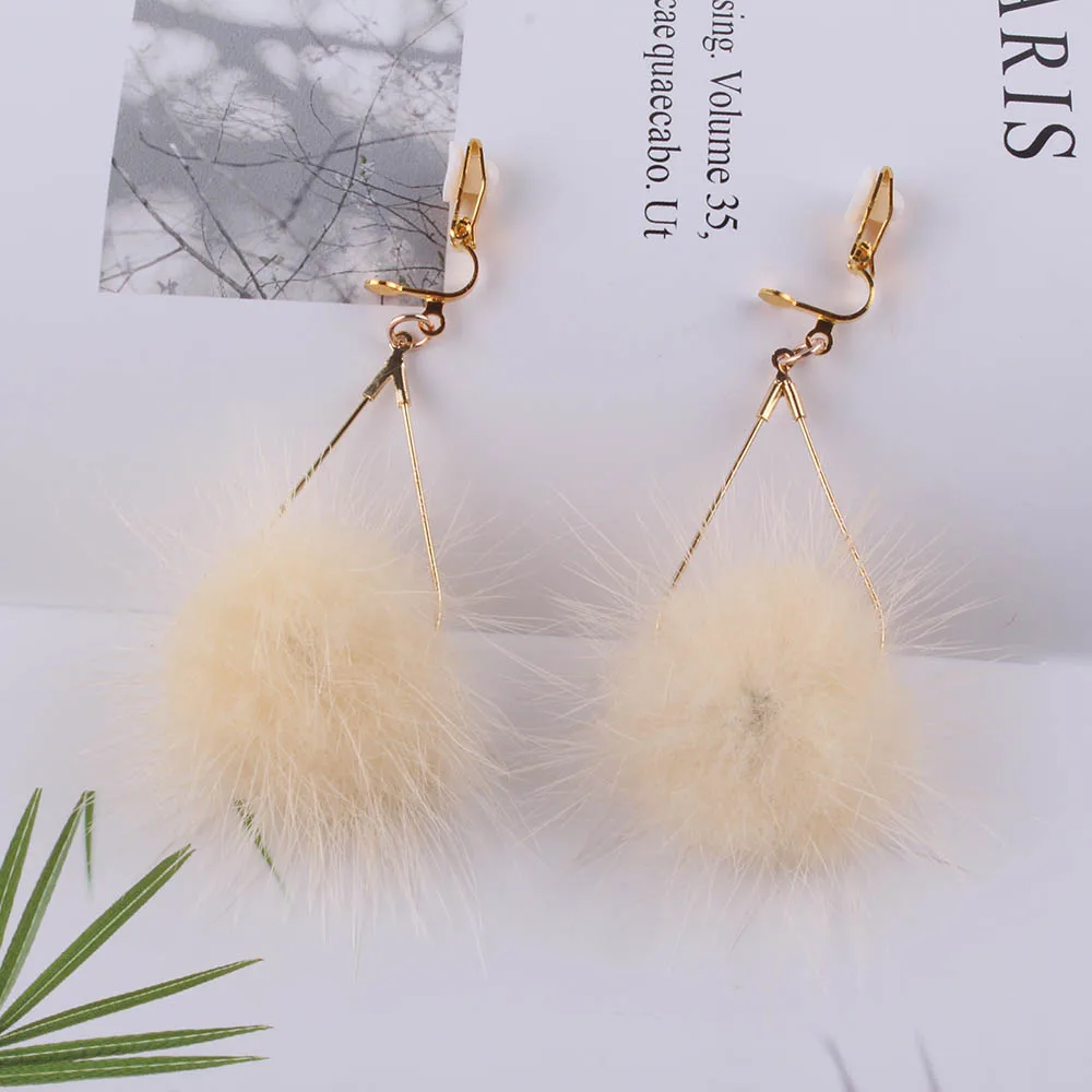 Rabbit Fur Ball PomPom Long wedding clip on earrings for Women Unique Soft Pom Pom Ear Earring Jewelry Cute Christmas Gift