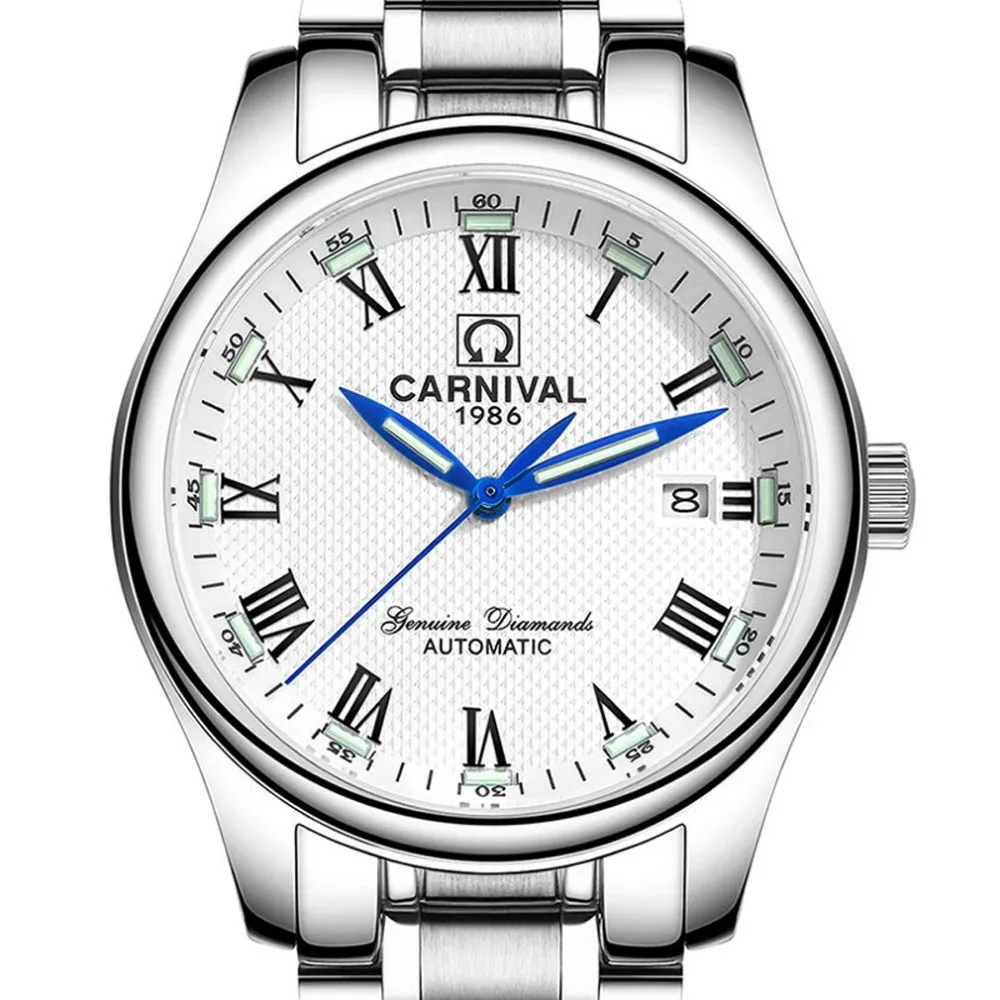 Carnival Mens Business Fluoresecent Luminous Automatic Mechanical font b Watch b font Wristwatch silver bezel white
