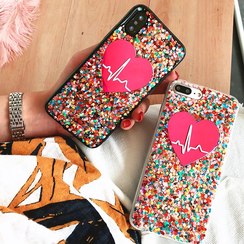 

Flash Glitter Sequins Soft TPU Phone Case For iPhone X XS XR XS Max 8 7 6 6S Plus European and American style ECG pattern Cover