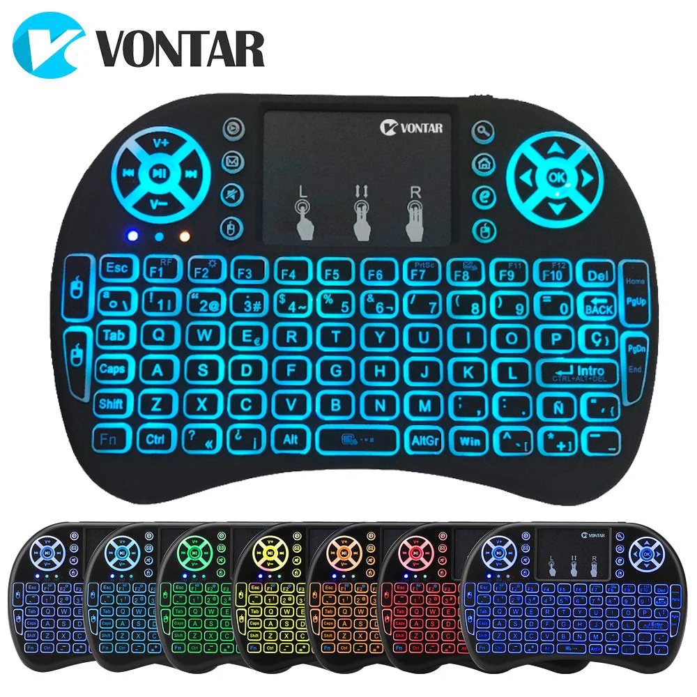 VONTAR i8+ 2,4 ГГц мини беспроводная клавиатура, 7 цветов, воздушная мышь с подсветкой, английский, русский, испанский, для Android tv Box, ноутбук, ПК, X96mini