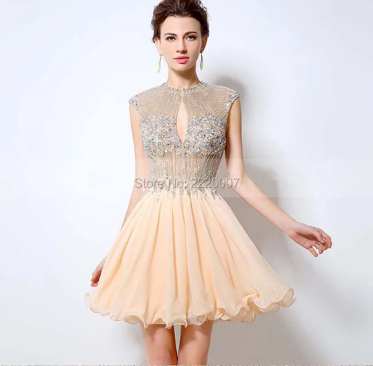 New Fashion Cap Sleeve Open Back Sparkly Beads Short Chiffon Party font b Dress b font