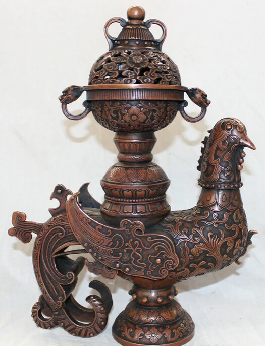 

Collectible bronze S1234 13" Tibet Bronze Auspicious Flower Dragon Head Statue Peacock Phoenix Zun Censer B0403