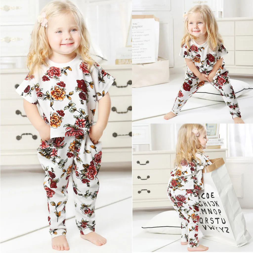 

Toddler Baby Girl Short Sleeve Floral Print Tops Pants Pajamas Sleepwear Outfits Summer Girls Clothes Sets Children's Clothing