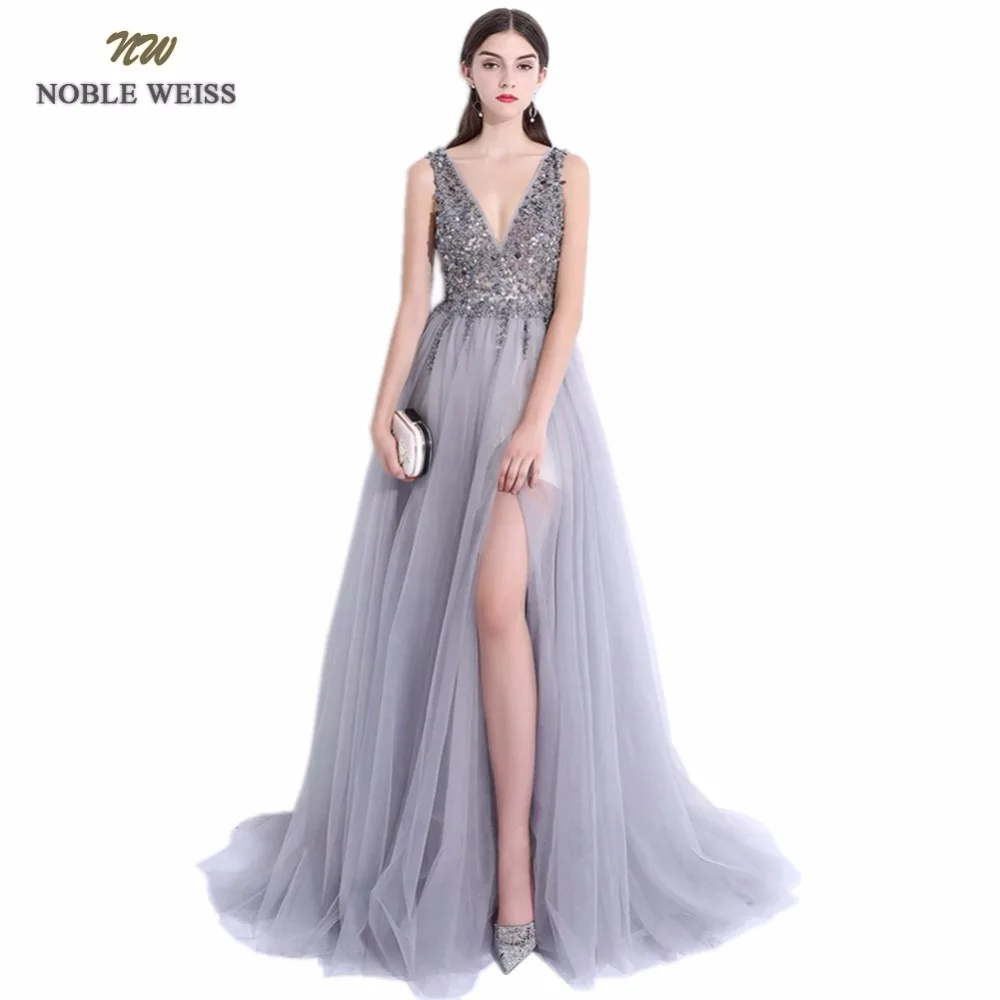 NOBLE WEISS Сексуальные вечерние платья а силуэт Vestido de Festa v образный вырез Серый Тюль
