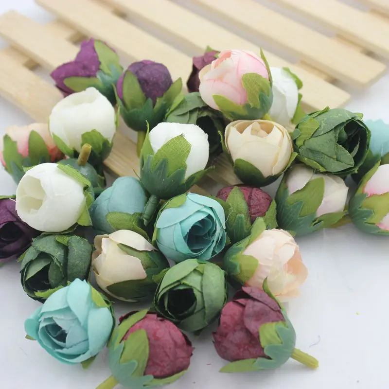 

5 pcs / lot Artificial Wreath Flower Heads Silk Rose Tea Bud for Wedding Bouquet Scrapbooking DIY Decorative Flowers Material