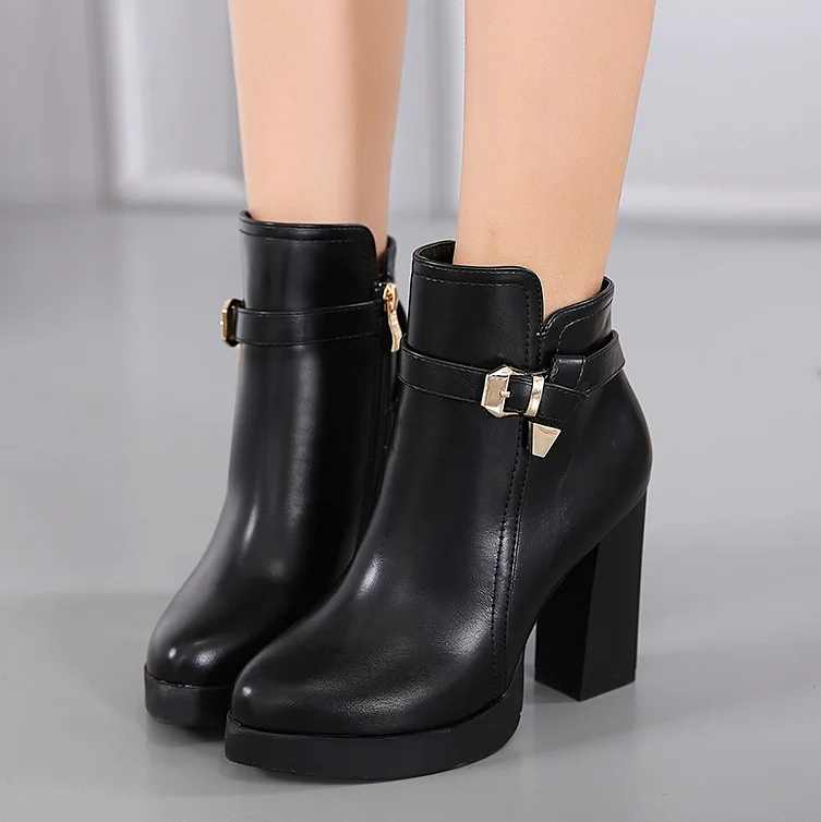 

2017 winter black high-heeled boots and super waterproof with coarse fashion belt buckle shoes women
