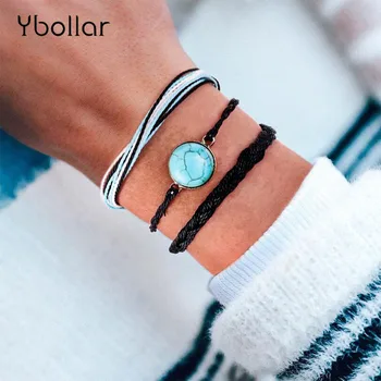 

3pcs/set Bohemian Braided Bracelets Wax String Weave Rope Round Turquoises Bangles Multi-Layers Women Girls Beach Jewelry