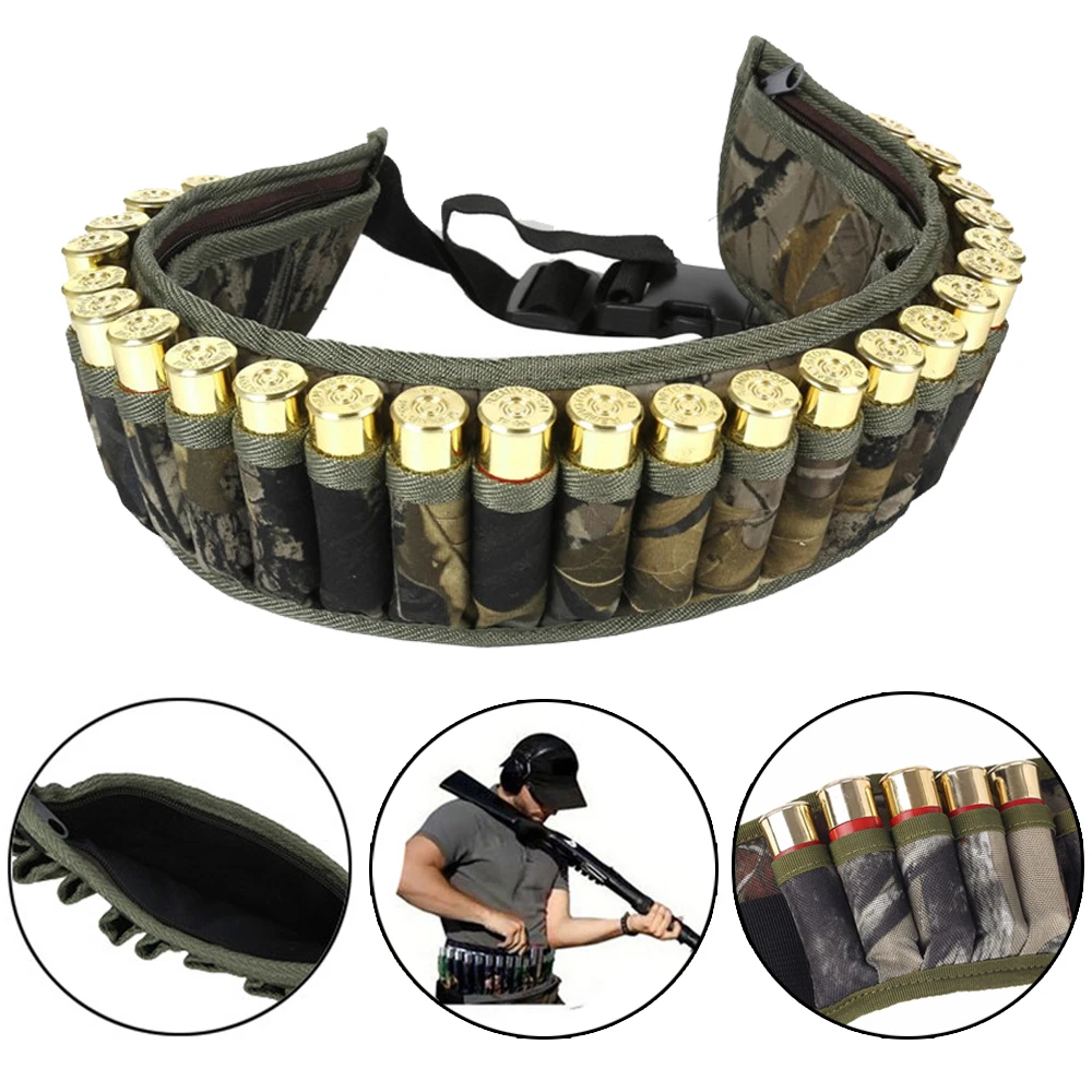 

Military 28 Round Tactical Shotgun Shell Buckle Belt Holder Waist 12GA Ammo Pouch Camo Bullet Strap with Inner Zipper Pocket
