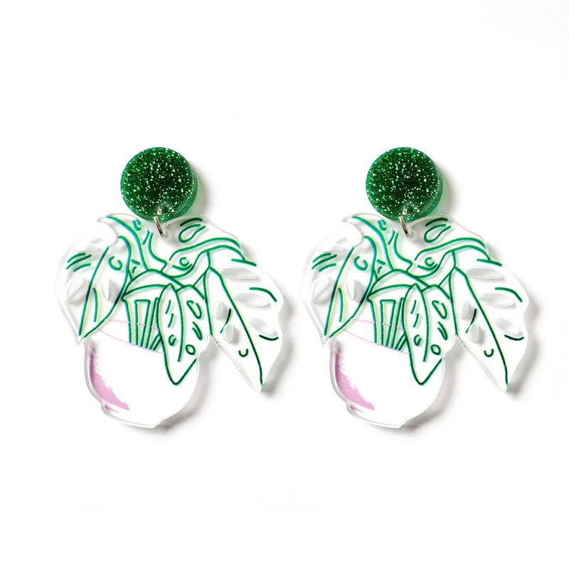 

New Green Leaves Bonsai Transparent Green Acrylic Drop Earrings For Women Girl Cute Mild Plant Dangle Earrings Fashion Jewelry