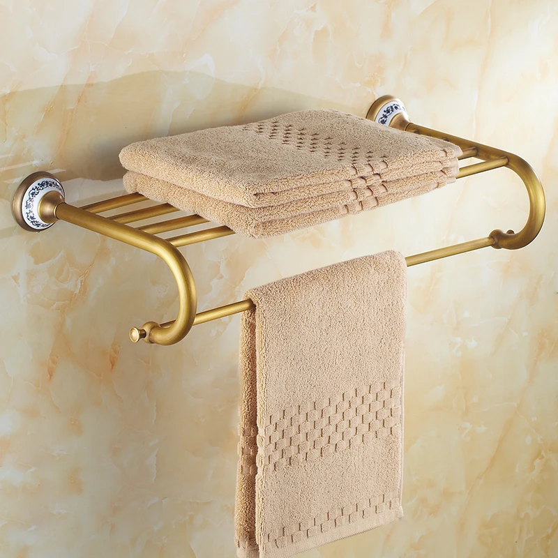 Antique Brass Bathroom Towel Rack Holder Bronze Ceramic Base Towel Ring
