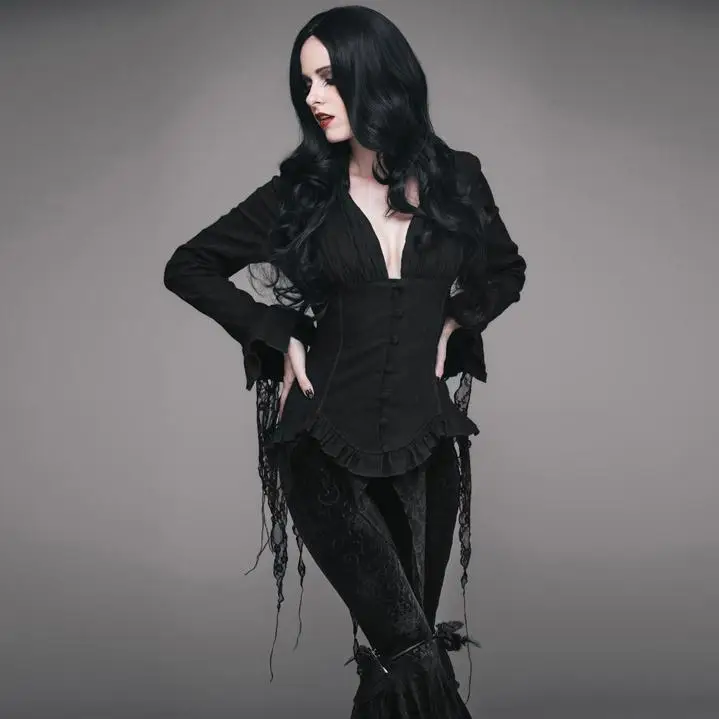 

Eva Lady Women's Goth Fitted Blouse Black ESHT001