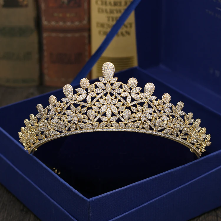 

Fashion retro luxury crystal flowers CZ zircon golden crown wedding bride banquet dressing jewelry Beauty tiaras free shipping