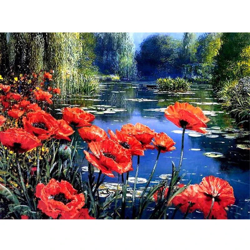 

GLymg 5d Diamond Painting Flower Lake Secenery Embroidery Handicrafts Diy Diamond Embroider Cross Stitch Gift Wall Arts Decor