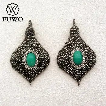 

FUWO Natural Amazon Stone Pendants Pave Rhinestone Bead Connector Quartz Charms For Making Necklaces Jewelry Findings PD1522