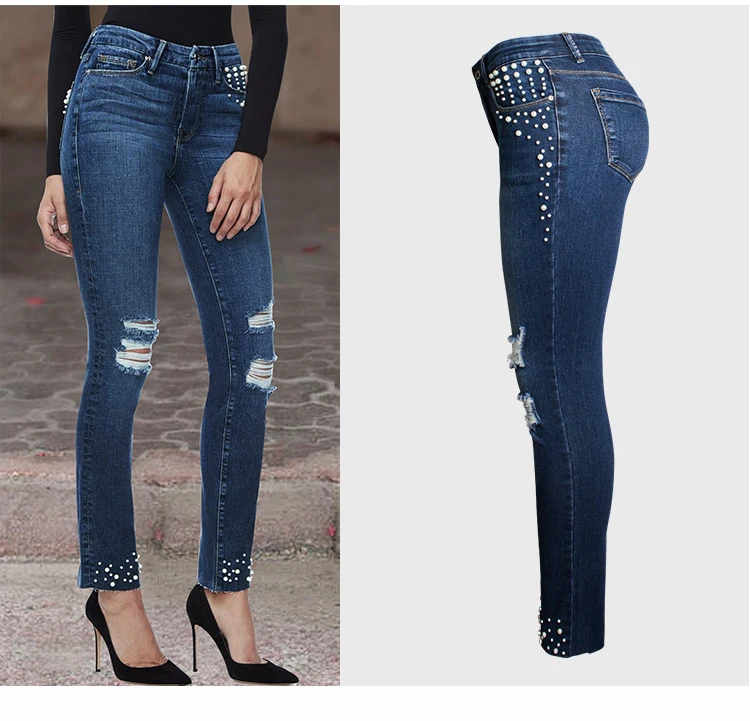 2018 Europe and the United States Women's new high-rise jeans Pearl beaded women's summer jeans trousers (4)
