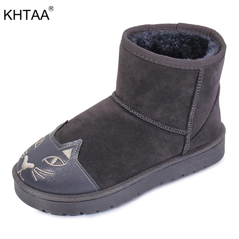 

KHTAA Female Flat Warmer Plush Cat Pattern Platform Slip On Black Winter Ankle Snow Boots Women's Fashion Comfortable Shoes