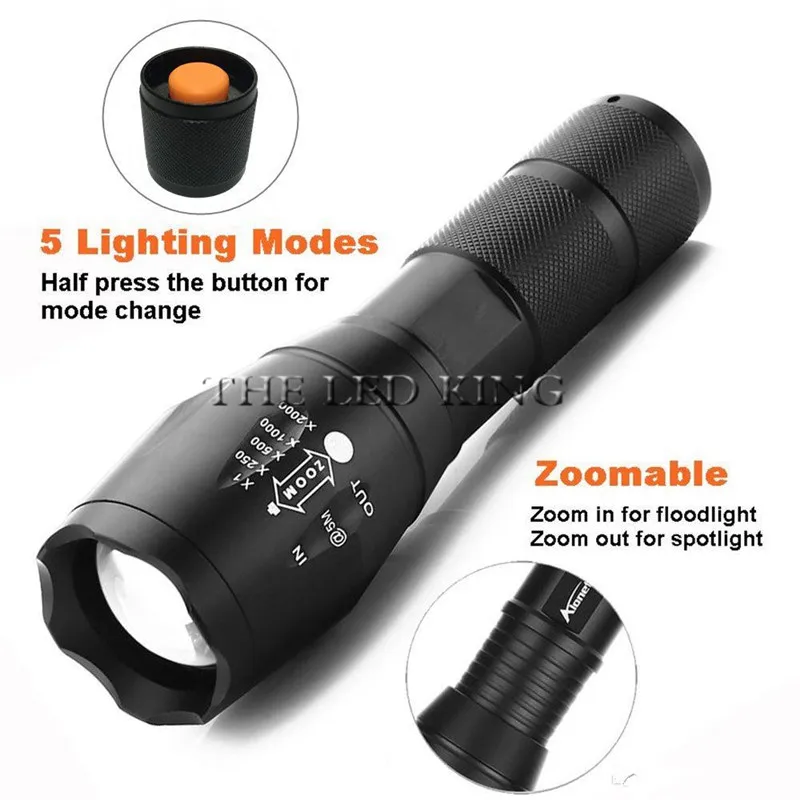 10000Lumens XM-L T6 Zoomable Tactical Outdoor LED 18650 Flashlight Torch Lamp 