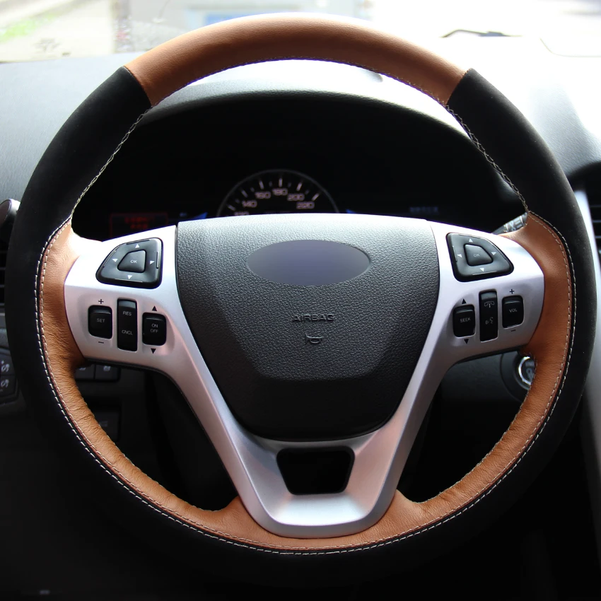Brown Natural Leather Black Suede Car Steering Wheel Cover for Ford Explorer 2011 2016 Taurus