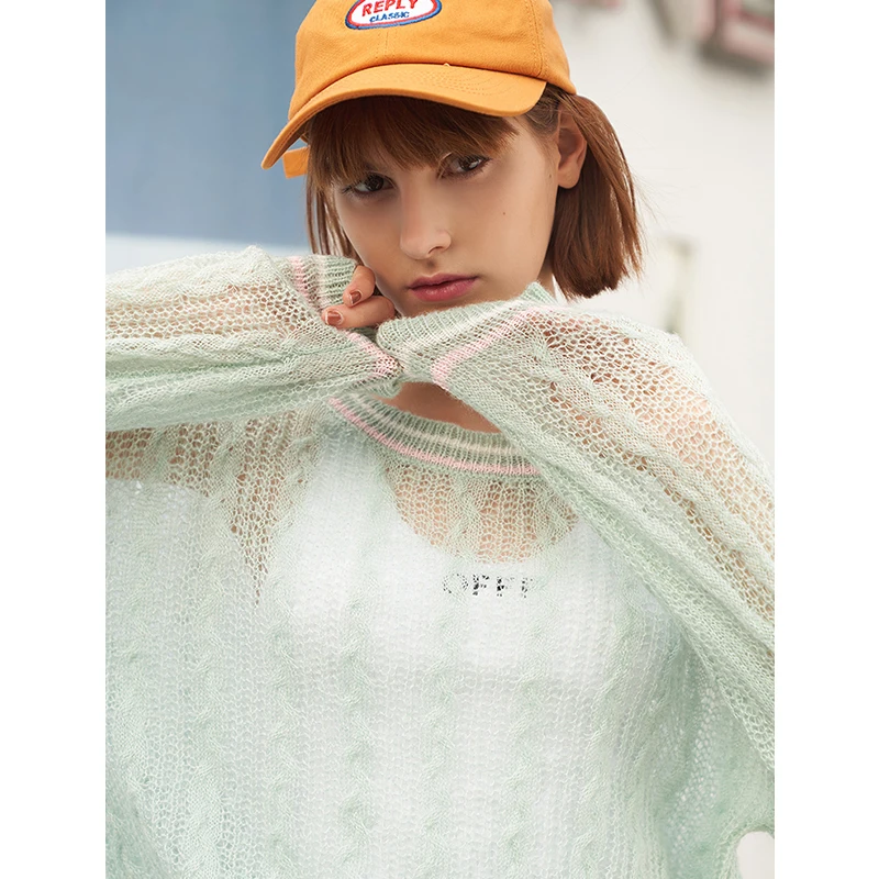 Toyouth 2019 Women Spring Sweater Sexy Hollow Out Round Neck Long Sleeve Sweater New Arrival Female Stripe Print Sweaters