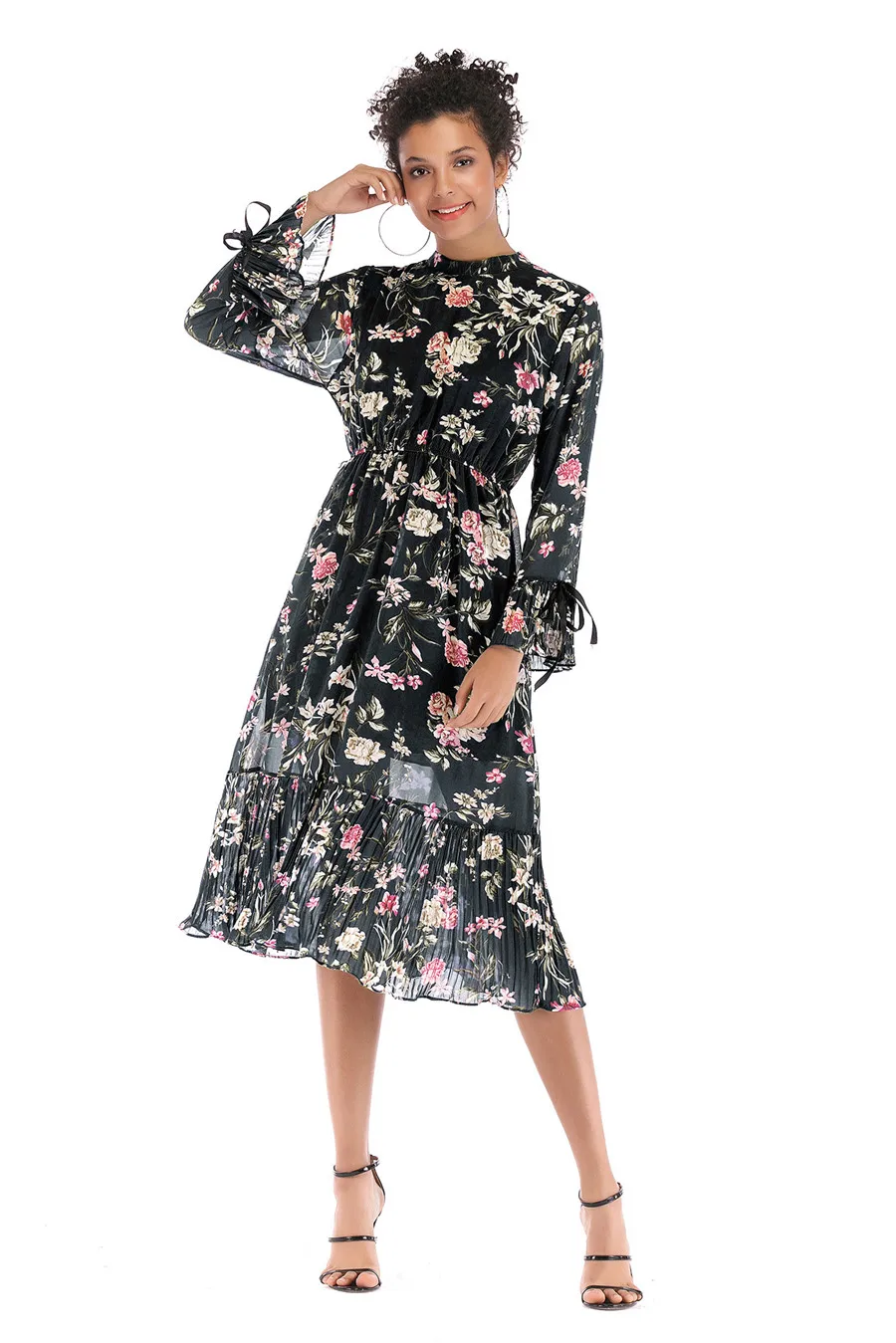 Gladiolus Floral Print Spring Autumn Women Dress 2019 O-Neck Lace Up Flare Sleeve Tunic Chiffon Dress Women Midi Party Dresses (11)