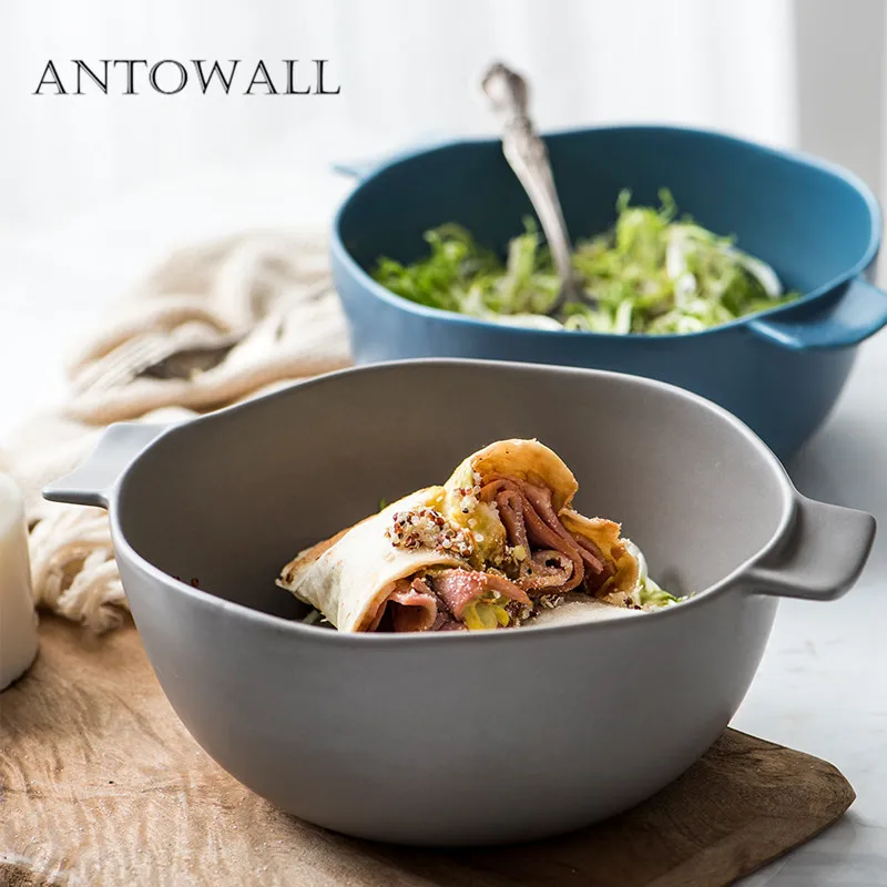 

ANTOWALL Ceramics Nordic Wind Large Ears Soup Bowl Anti-scalding Matte Glazed Bowls Ceylon with Double Handles Household