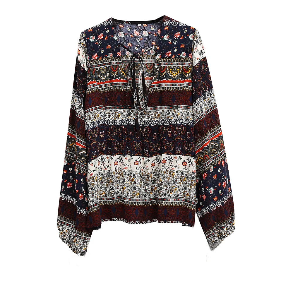 Women Beach Floral Printed Blouses Shirt Bohemian V Neck