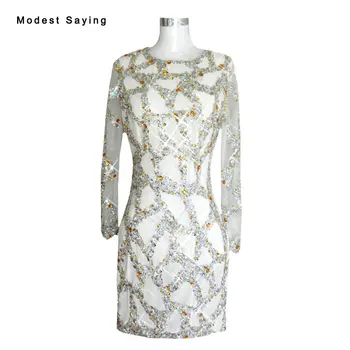 

Real Silver Luxury Straight Beaded Short Cocktail Dresses 2017 Mini Women Long Sleeves Party Prom Gowns robe sur mesure YC24