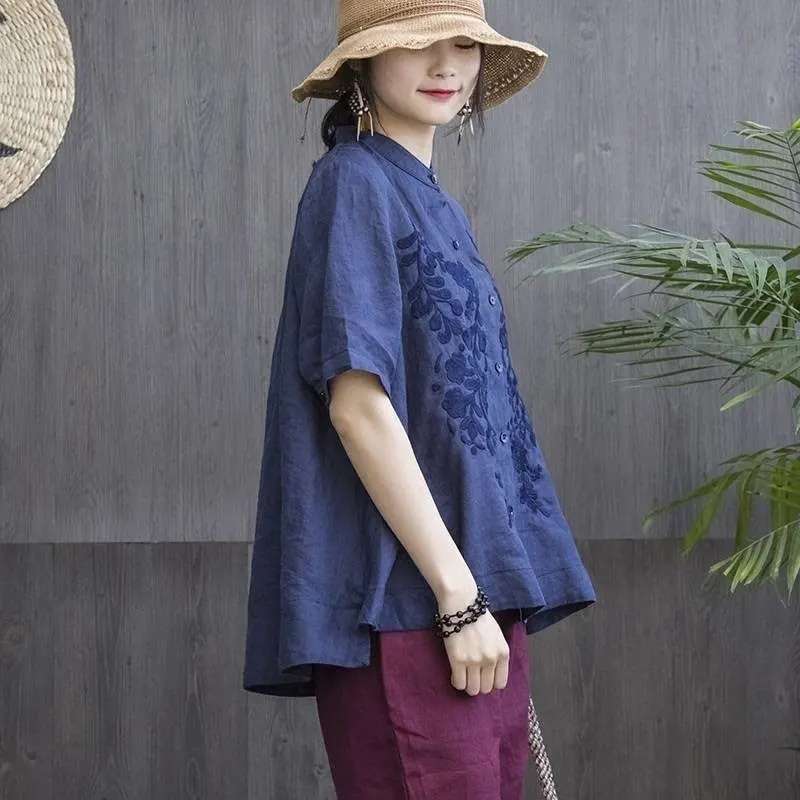  F&je New Summer Style Women Shirt Plus Size Short Sleeve Loose Embroidery Cotton Linen Blouse Big L