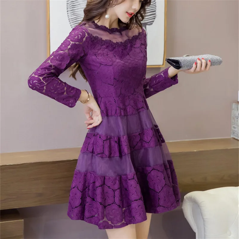 

2018 Sexy Ladies Dress New Spring Party Dress Long Sleeve Mesh Patchwork Hollow Out A-Line Dress Female Lace Dresses