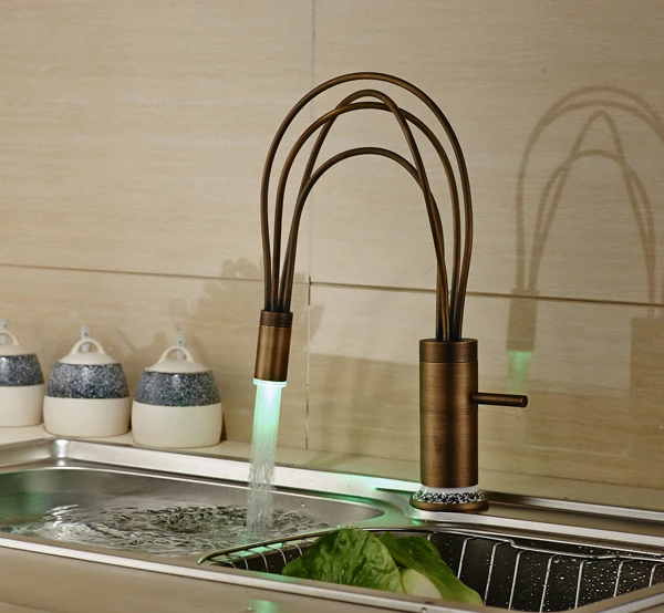 NEW Bird Nest Design LED Antique Brass Kitchen Faucet Swivel Spout Beauteous Kitchen Faucet Design NEW Bird Nest Design LED Antique Brass Kitchen Faucet Swivel Spout Beauteous Kitchen Faucet Design