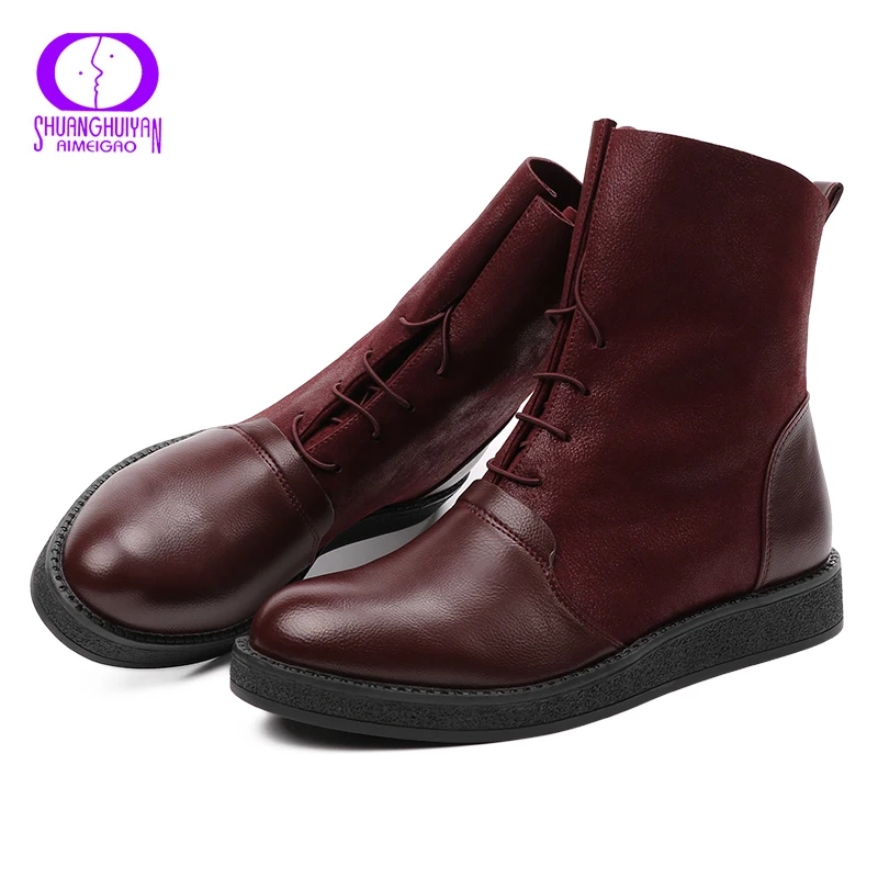 AIMEIGAO New Autumn Women Ankle Boots Platform Flats Women Lace Up Casual Boots Fashion Soft Leather Big Size Boots For Women Women's Shoes