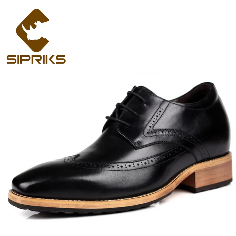 Sipriks Brown Leather Hidden Heel Shoes Men Oxfords Elevator 8 CM Boss Male Retro Brogue Shoes Elegant Black Gents Suit Shoes - Цвет: Черный