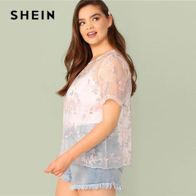 SHEIN, розовый топ с вышивкой размера плюс, Сетчатая футболка, Женская Летняя Сексуальная Повседневная футболка на пуговицах с круглым вырезом и коротким рукавом, плюс футболка