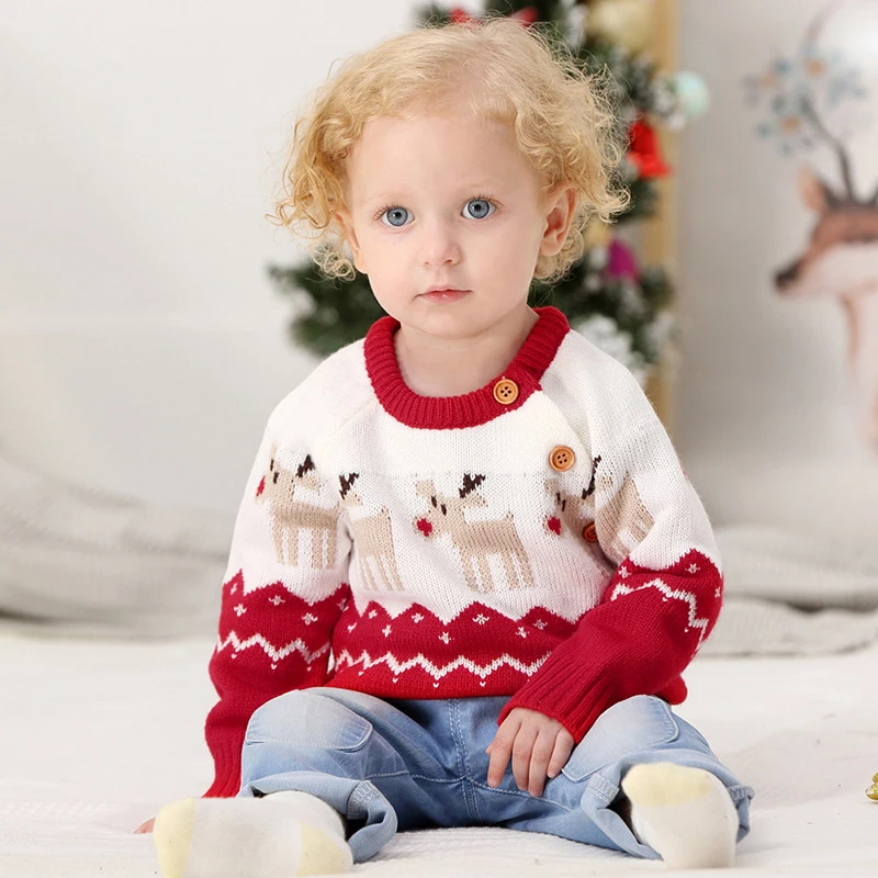 Зимняя одежда для маленьких девочек и мальчиков 6 мес.-24 мес., детские пуловеры с рисунком оленя, джемпер с длинными рукавами и круглым вырезом для новорожденных, свободный свитер, DC329