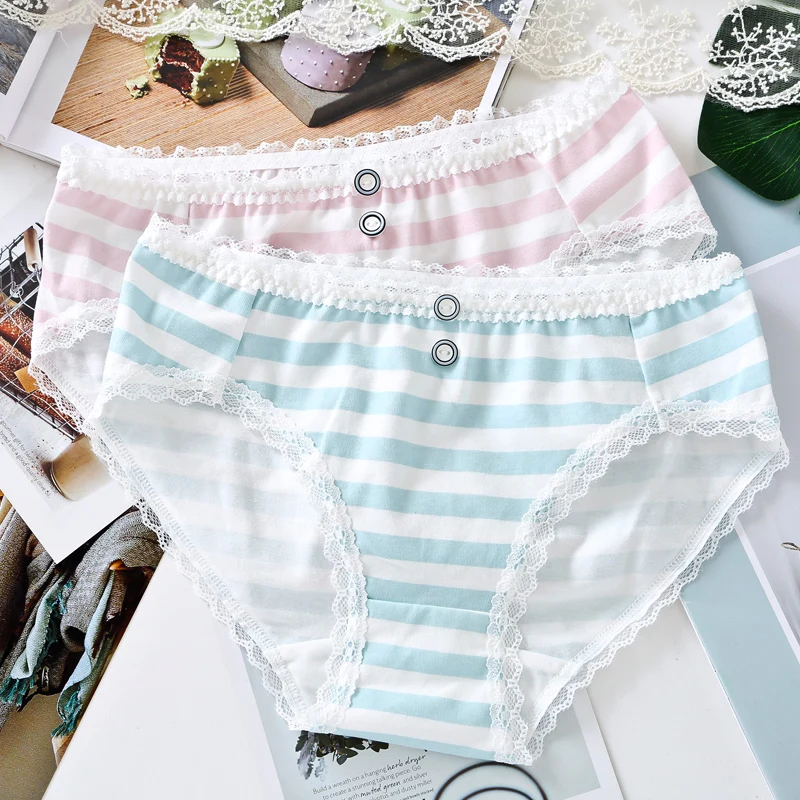 

Sweet Lolita Japanese Blue Pink White Stripe Cotton Panties Cosplay Anime Lace Button Decorate Sexy Briefs Underwear Lingerie