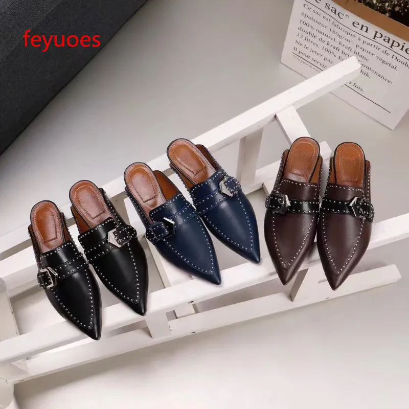 Con Pantofole dark Tacco Nero Cintura Punta Basso Donne 2018 Baotou Il Fibbia Pelle Le Delle brown Nuovo Rivetto Della Sandali Retrò Autunno A In Scarpe Piatto Singolo Blue Di ROp4vOq