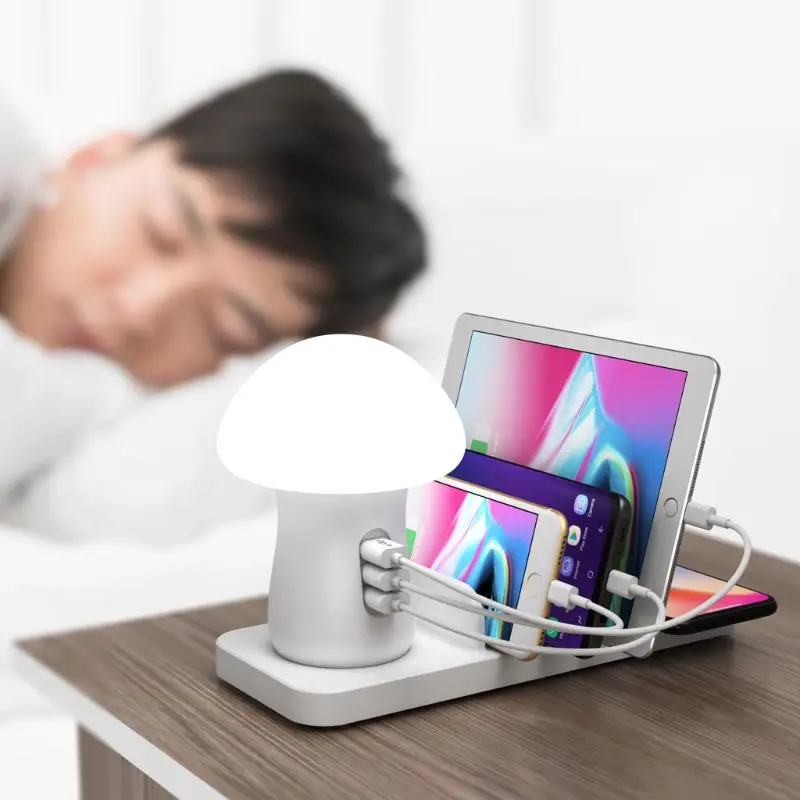 

USB Fast Charging Station QC 3.0 Quick Charge Dock Mushroom LED Lamp Wireless Charger for iphone Samsung Smart Phones Tablets