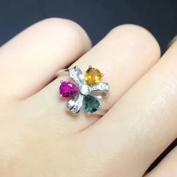 

Fidelity Natural 4*6mm multicolor tourmaline Rings s925 sterling silver Natural gemstone ring flowers fine Jewelry for women