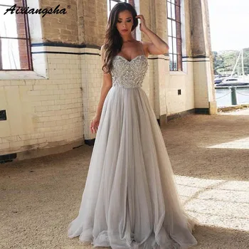 

Gray Long Prom Dresses Sweetheart A-line Sleeveless Tulle Evening Party Gowns Beaded Floor length Formal robe de soiree