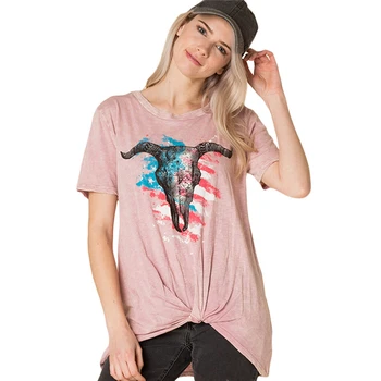 

4th of July Party Patriotic Cow Skull Printed Short Sleeve T Shirt for Women Elegant Ladies US American Flag Tshirt Plus Size