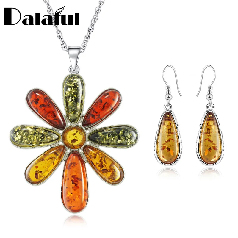 

Huge Multicolor Baltic Synthetic Honey Flower Big Pendant Necklaces Tear Drop Earring Wedding Jewelry Sets L41101