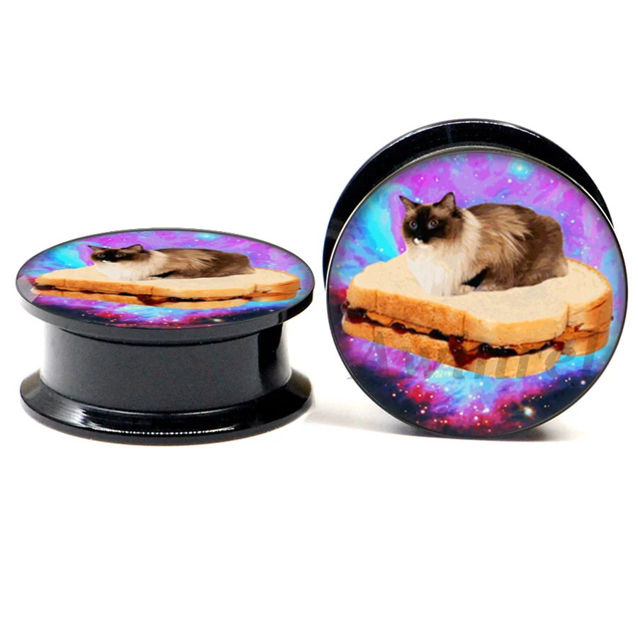 

PAIR OF Cat on Sandwich Nebula Acrylic Ear Gauge Plugs Screw Fit Flesh Tunnel Eyelet Body Piercing Jewelry 2 Pieces ASP0252