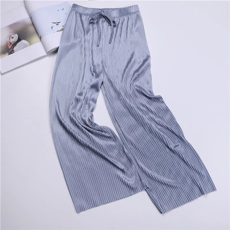 

Summer High Waist Wide Leg Pants Women Solid Loose Casual Bohemian Pants Ladies Pleated Glossy Plus Size Trousers For Women