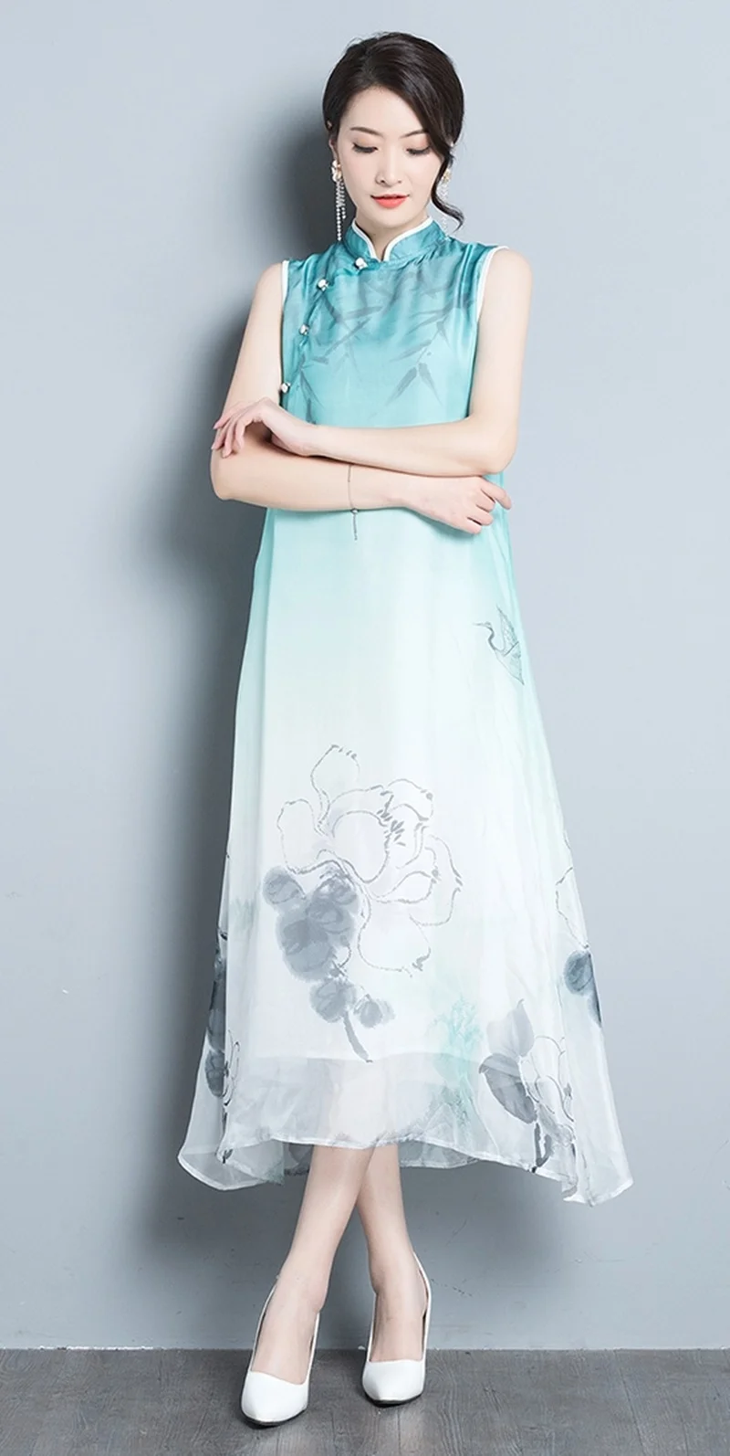Летние платья, современное китайское платье, чонсам, Ципао, мандарин, воротник, халат для медитации, Винтаж, Femme Dai, вьетнамское платье, TA1673