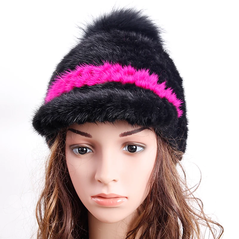 Women Mink fur Pineapple hat with ball poms Snow ball Cap Winter Hats for Girls Skull