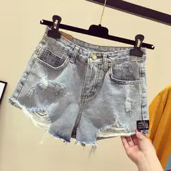 Женские джинсовые шорты 2019 летние тонкие джинсовые шорты с высокой талией для похудения Большие размеры повседневные студенческие