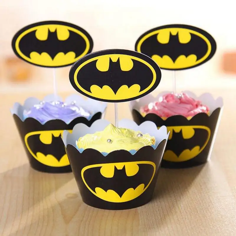 24 шт.(12 оберток+ 12 топперов) Человек-паук/Бэтмен обертки для кексов и топперы для детской вечеринки на день рождения, украшение для торта супергероя - Цвет: batman 1
